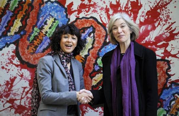 French microbiologist Emmanuelle Charpentier and professor Jennifer Doudna of the U.S. pose for the media during a visit to a painting exhibition by children about the genome, at the San Francisco park in Oviedo [Photograph: Reuters]